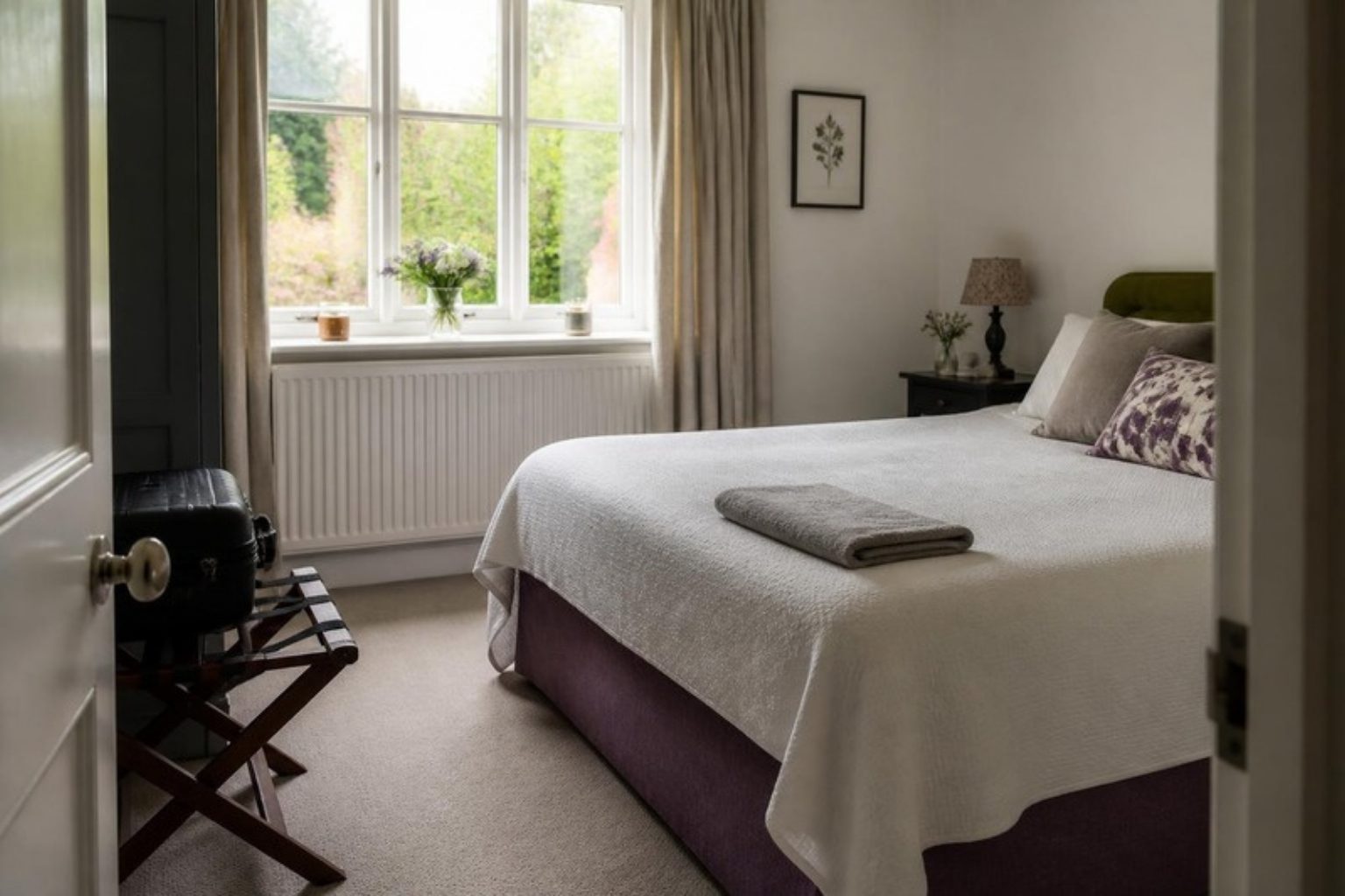 The Empty Nester in a real bedroom, plum tape edge